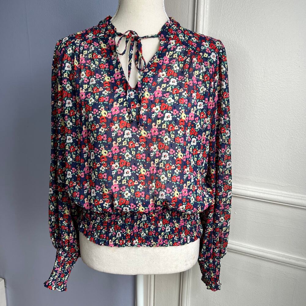 Rachel Zoe Floral Clip Dot Smocked Waist Tie Neck Navy Blouse Women's Small